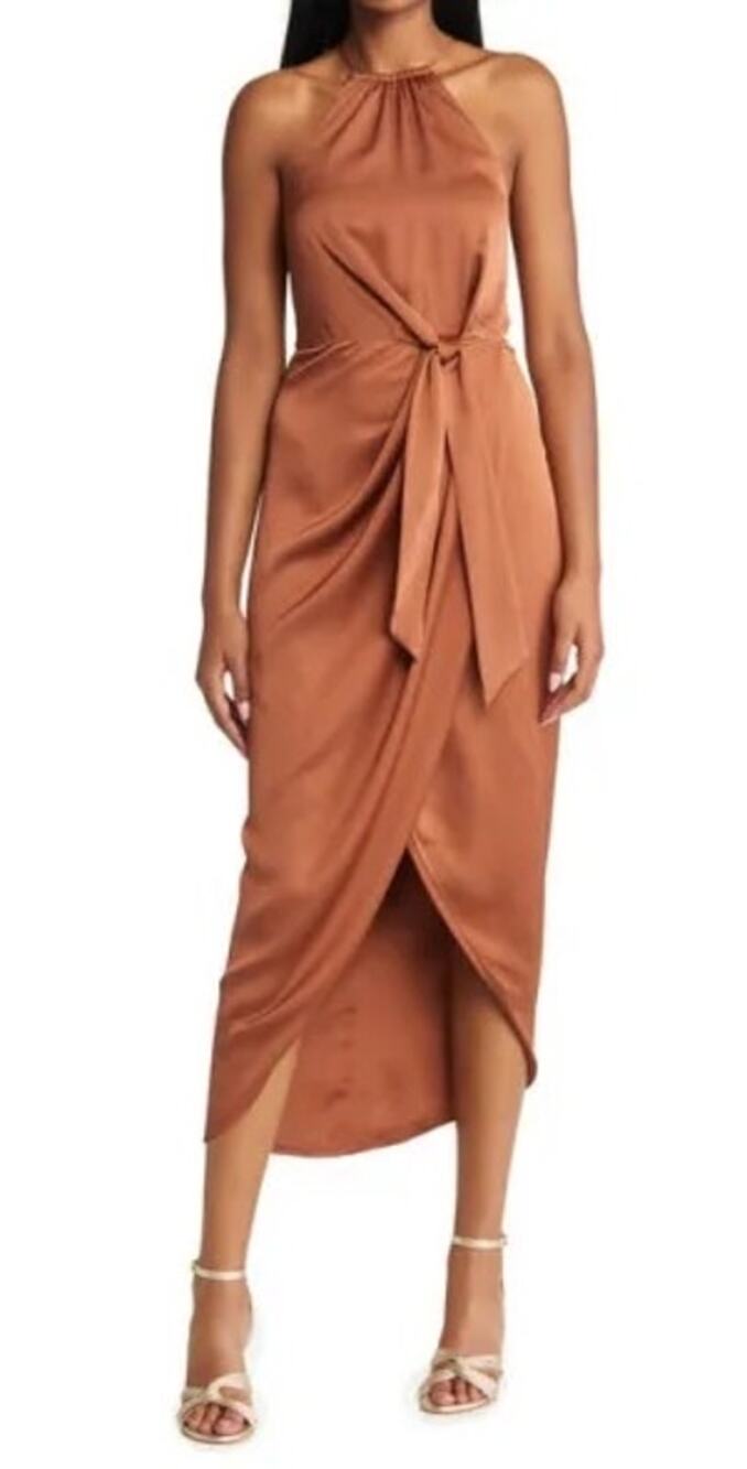 Shona Joy Tie Front Satin Copper Brown Halter Neck Midi Cocktail Dress Size 6